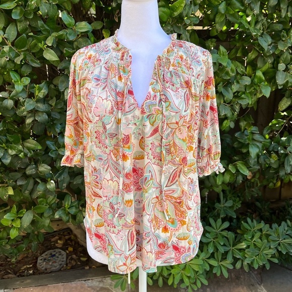 Melloday NWT Boho Short Sleeve Small Smocked Top Size Small - Picture 6 of 6